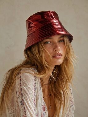 NWOT Anthropologie x Wyeth Shine Faux Leather Bucket Hat Burnt Red Sienna OS